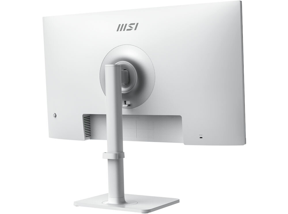 Monitor MSI Modern MD272UPSW 27 cali 3840x2160px IPS 4 ms [GTG] prezentacja monitora od tyłu pod kątem na białym tle bez narzędzi szybki montaż klips porządek podstawka slot na rysik