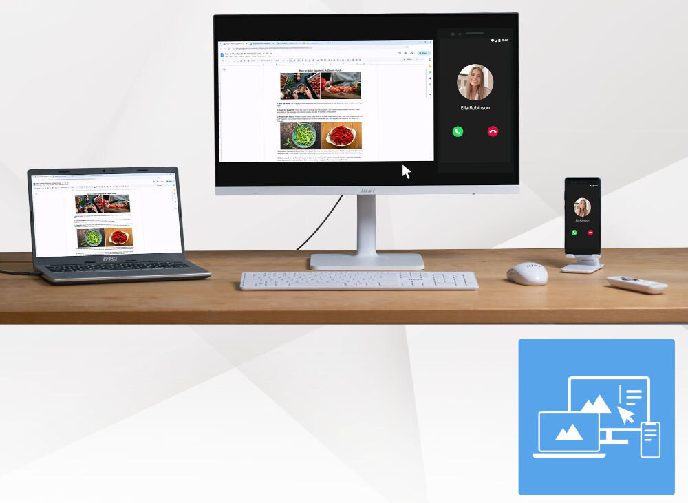 Monitor MSI Modern MD272UPSW 27 cali 3840x2160px IPS 4 ms [GTG] prezentacja działania funkcji monitor na blacie obok telefon i laptop jasne tło Multiview Multi Control zarządzanie dwoma urządzeniami z jednego ekranu wydajność