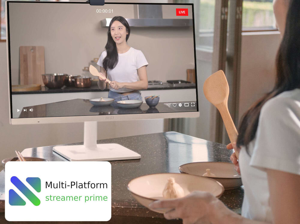 Monitor MSI Modern MD272UPSW 27 cali 3840x2160px IPS 4 ms [GTG] prezentacja działania aplikacji kobieta robiąca streama w kuchni z gotowania Multi-Platform Streamer Prime udostępnianie treści jednocześnie na kilku platformach