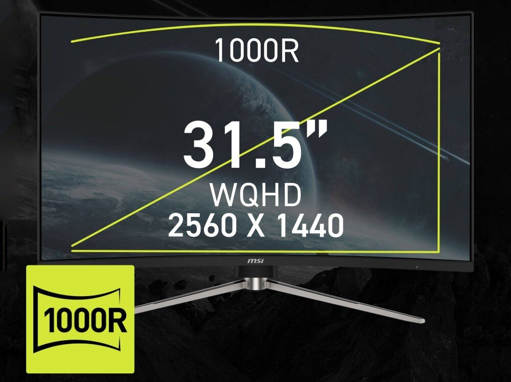 Monitor MSI MAG 325CQRXF E2 Grafika przedstawiająca front monitora z naniesionymi liniami wymiarowymi i napisami '1000R', '31.5”' oraz 'WQHD 2560 X 1440', przekątna, rozdzielczość, matryca, zakrzywienie, kąty widzenia