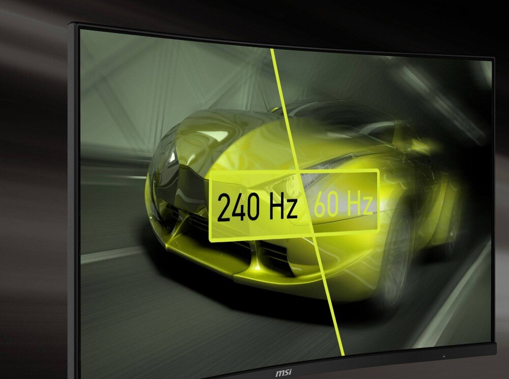 Monitor MSI MAG 325CQRXF E2 Samochód wyścigowy na ekranie podzielonym ukośną linią, gdzie lewa część oznaczona '240 Hz' jest ostra, a prawa '60 Hz' rozmyta, odświeżanie, czas reakcji
