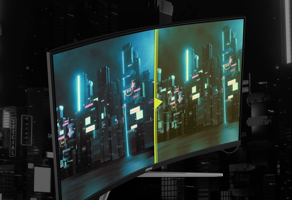 Monitor MSI MAG 325CQRXF E2 Widok miasta nocą na podzielonym ekranie, gdzie lewa strona ma chłodniejszy, niebieski odcień, a prawa cieplejszy i bardziej naturalny, ochrona wzroku, niebieskie światło
