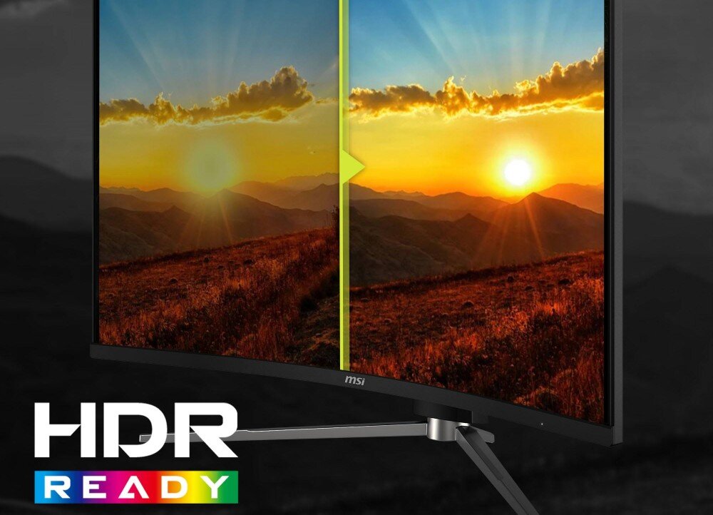 Monitor MSI MAG 325CQRXF E2 Monitor z podzielonym ekranem prezentujący krajobraz o zachodzie słońca, gdzie lewa strona jest ciemniejsza, a prawa jaśniejsza i bardziej nasycona kolorami, z napisem 'HDR READY' w rogu, kontrast, HDR Ready, kolory