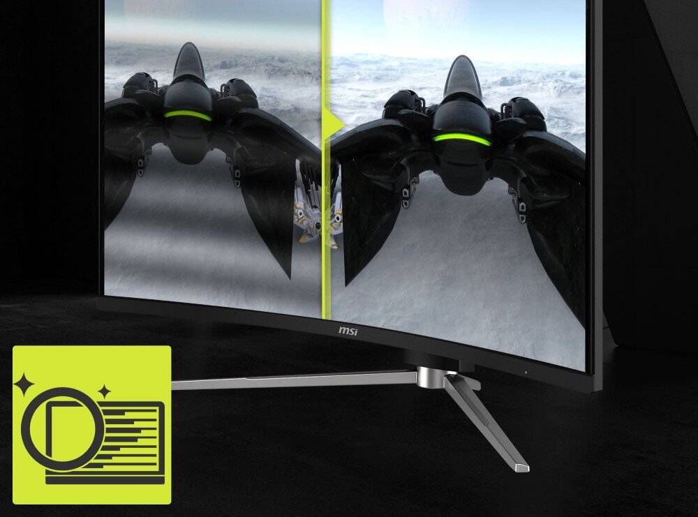 Monitor MSI MAG 325CQRXF E2 Ekran podzielony na dwie części wyświetlający statek kosmiczny, gdzie lewa strona jest rozmyta, a prawa ostra i wyraźna, co obrazuje krótki czas reakcji matrycy, migotanie, technologia