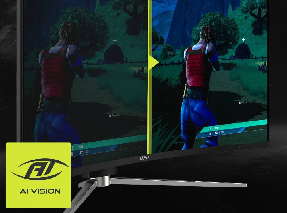 Monitor MSI MAG 325CQRXF E2 Scena z gry typu strzelanka na podzielonym ekranie, gdzie po lewej stronie cienie są głębokie i ciemne, a po prawej rozjaśnione ujawniając postać w cieniu, z ikoną 'AI-VISION', funkcje