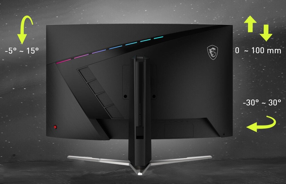 Monitor MSI MAG 325CQRXF E2 Tył monitora z narysowanymi strzałkami i wymiarami wskazującymi na możliwość regulacji wysokości, pochylenia oraz obrotu ekranu, podstawa, regulacja, VESA