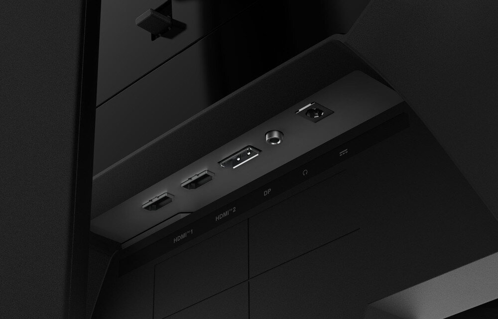 Monitor MSI Mag 274QPF X30MV Zbliżenie na panel złącz wejściowych u dołu obudowy, obejmujące porty HDMI, DisplayPort oraz wyjście audio