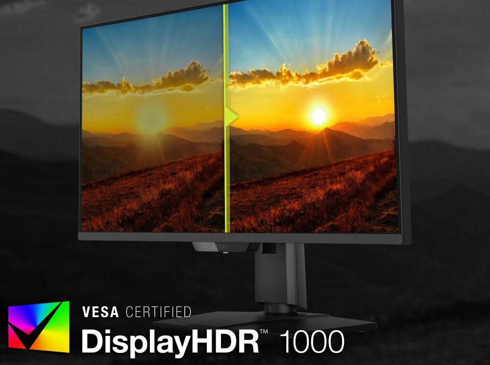 Monitor MSI Mag 274QPF X30MV Porównanie krajobrazu w grze, ukazujące lepsze nasycenie barw i jasność po prawej stronie z trybem HDR