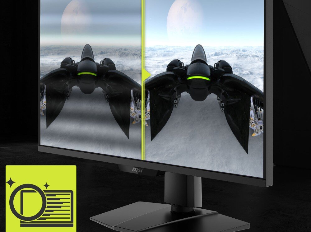 Monitor MSI Mag 274QPF X30MV Podzielony ekran w grze sci-fi, gdzie lewa strona symuluje migotanie obrazu, a prawa jest stabilna