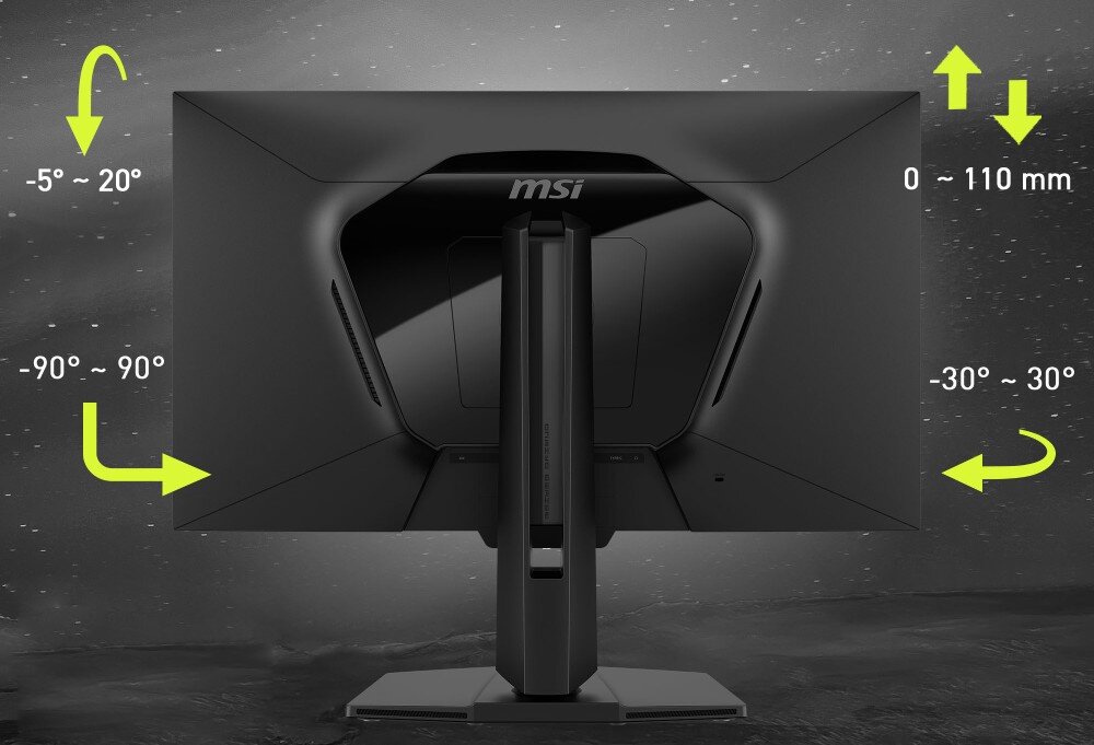 Monitor MSI Mag 274QPF X30MV Tył monitora z naniesionymi żółtymi strzałkami i wartościami liczbowymi opisującymi zakres regulacji podstawy