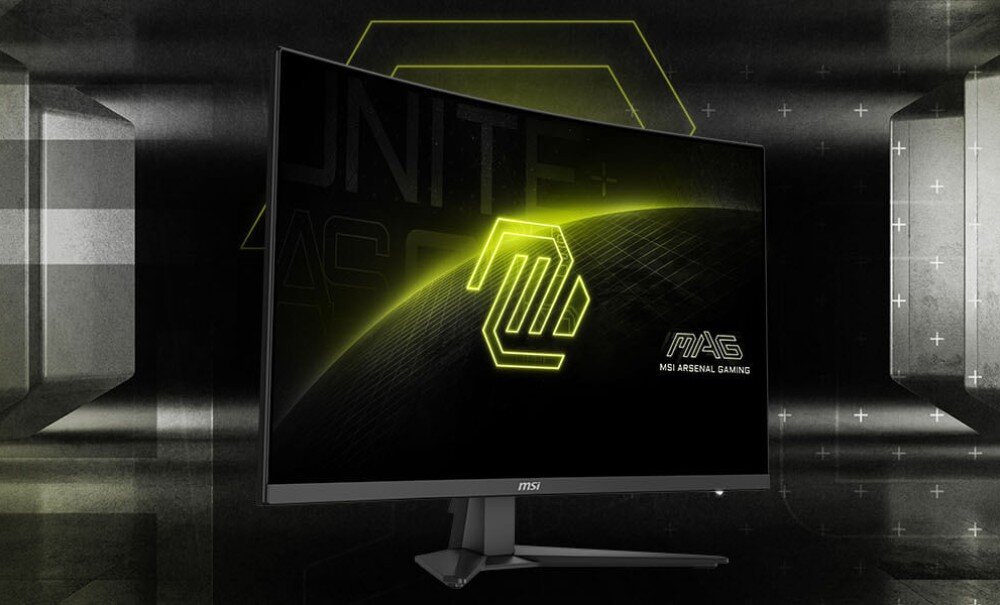 Monitor MSI MAG 321CQF E18 Monitor na biurku z czarnym ekranem i zielonym symbolem oraz napisem MAG MSI ARSENAL GAMING