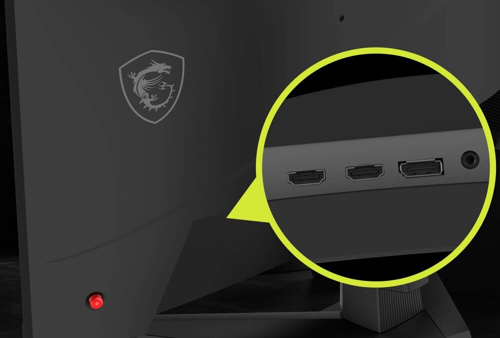 Monitor MSI MAG 321CQF E18 Tył monitora zbliżenie na panel złączy, z zaznaczonymi dwoma portami HDMI, jednym DisplayPort i gniazdem słuchawkowym w okręgu