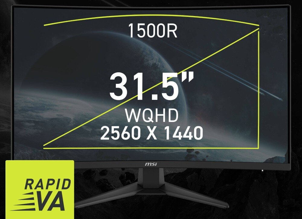 Monitor MSI MAG 321CQF E18 Monitor z napisem 1500R, 31.5' oraz WQHD 2560 x 1440 na ekranie i oznaczeniem Rapid VA w rogu