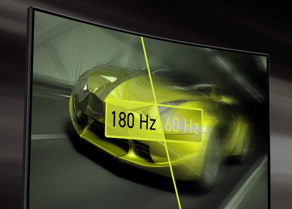 Monitor MSI MAG 321CQF E18 Monitor z podzielonym obrazem pędzącego samochodu oraz napisem 180 Hz po jednej stronie i 60 Hz po drugiej