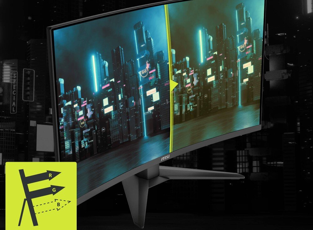 Monitor MSI MAG 321CQF E18 Zakrzywiony monitor z podzielonym obrazem nocnego miasta oraz ikoną z literami R G B w lewym dolnym rogu
