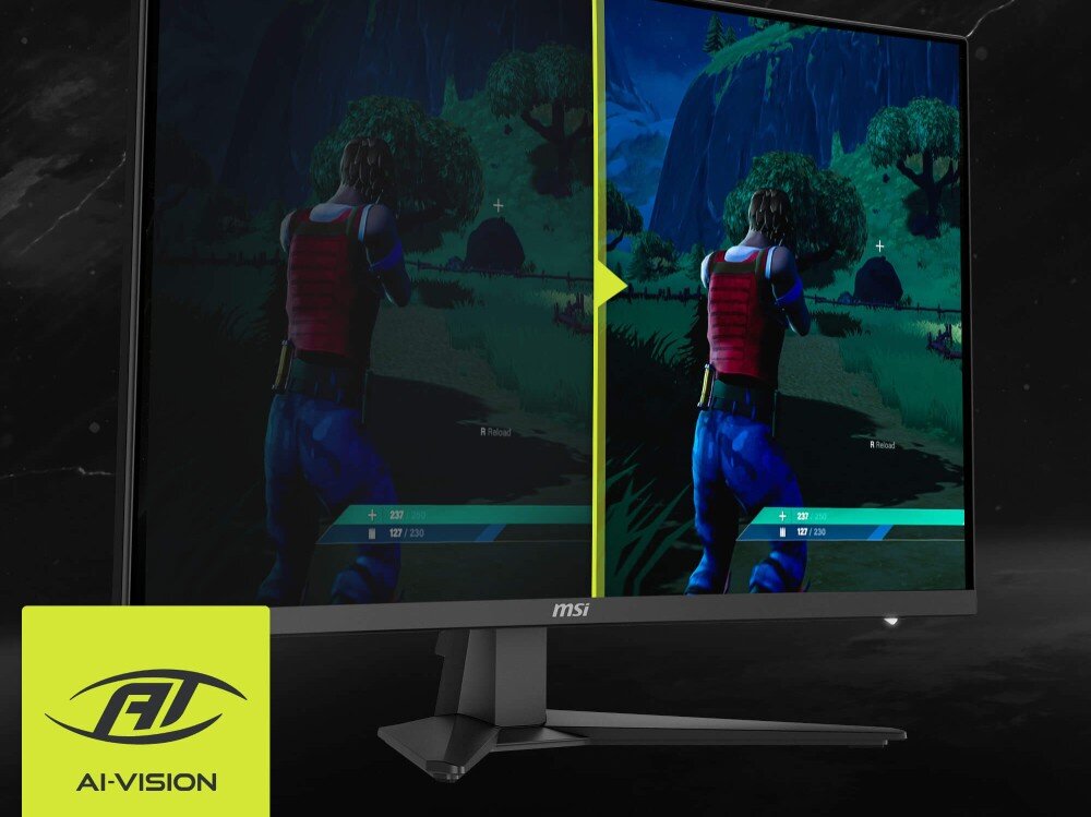 Monitor MSI MAG 321CQF E18 Monitor z podzielonym ujęciem z gry, gdzie prawa strona jest wyraźnie jaśniejsza, a w rogu widoczny napis AI-VISION