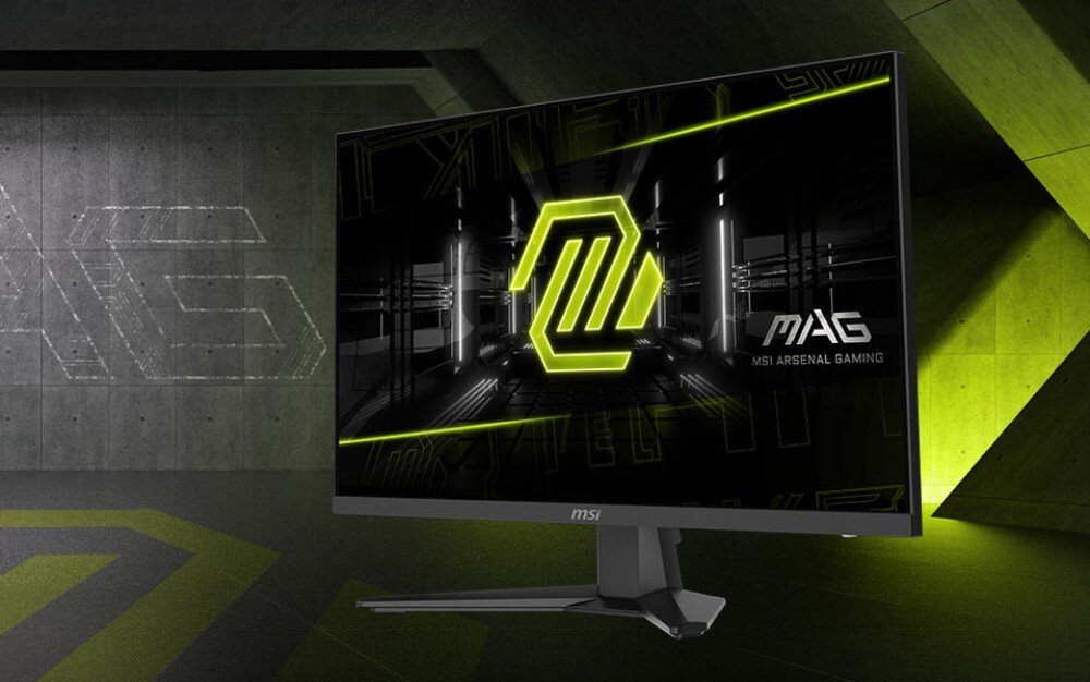 Monitor MSI Mag 274QF X24 Ogólny widok monitora z jasnym tłem i logiem MSI na podstawie, aktywny kolor żółty i czarna rama