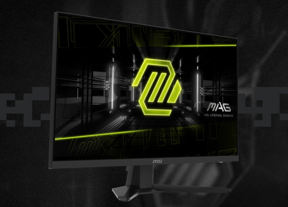 Monitor MSI Mag 274QF X24 Zbliżenie na jedną z krawędzi ekranu i fragment zdjęcia z kurzem/teksturą tła