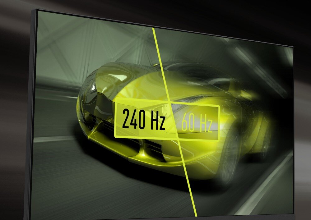 Monitor MSI Mag 274QF X24 Efektowy kadr z jazdem w futurystycznym wnętrzu, monitor ustawiony na czarnym tle z neonowym żółtym akcentem