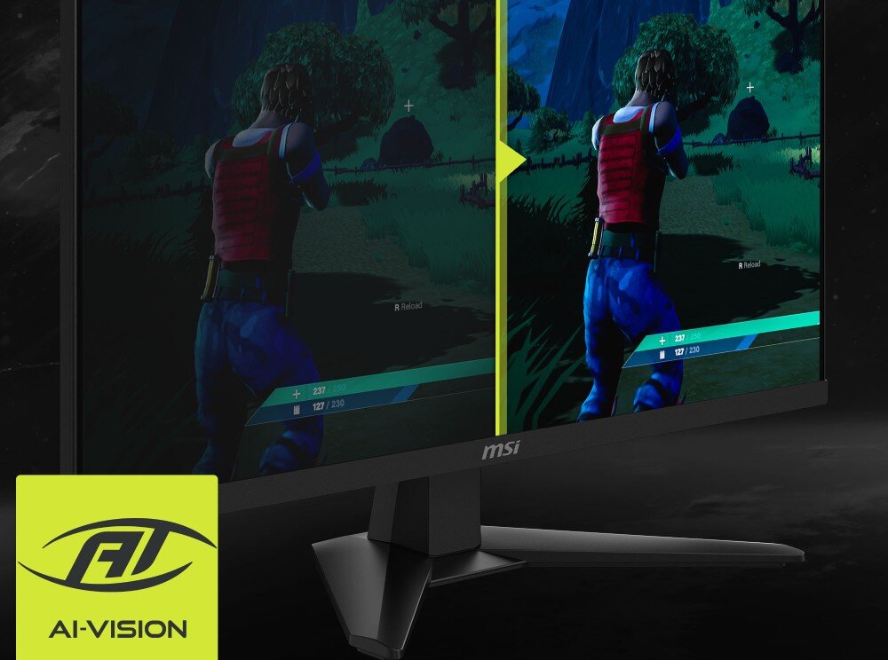 Monitor MSI Mag 274QF X24 Zbliżenie na logo AI-VISION w dolnym rogu oraz dolną część tylnego panelu