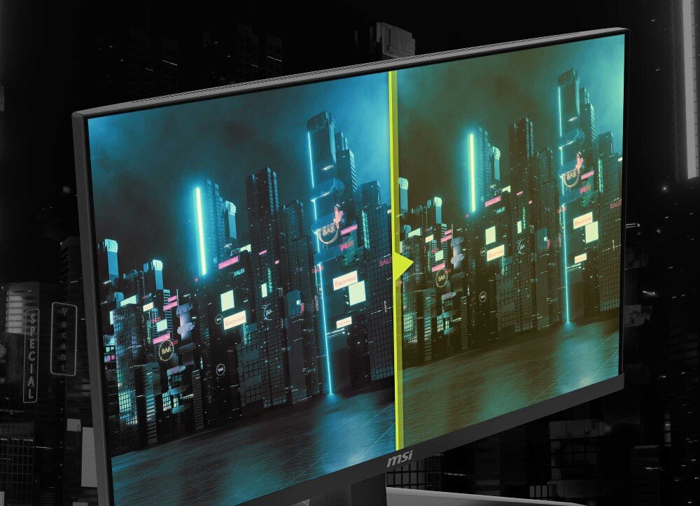 Monitor MSI Mag 274QF X24 Zdjęcie prezentuje monitor gamingowy z obszernym tyłem i żółw konfiguracyjnym, z ikoną logo na plecach i czerwonym wskaźnikiem LED z lewej strony