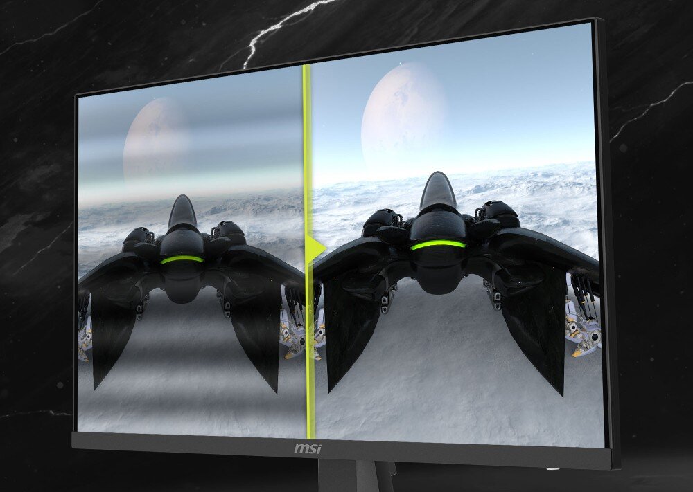 Monitor MSI Mag 274QF X24 Przekrój ekranu podzielony na dwie połowy z pionową jasnozieloną linią, na tle widok lotu kosmicznego i dwóch szybujących samolotów