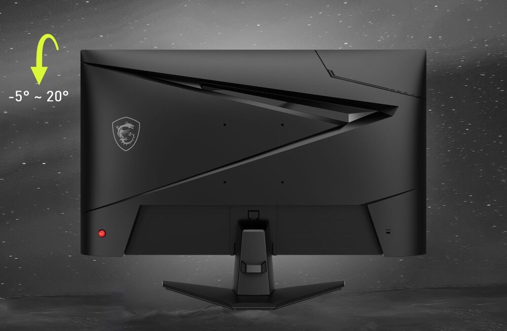 Monitor MSI Mag 274QF X24 Ujęcie całego monitora z dużym kątem, logo MSI i pojedynczym kształtownikiem podstawy