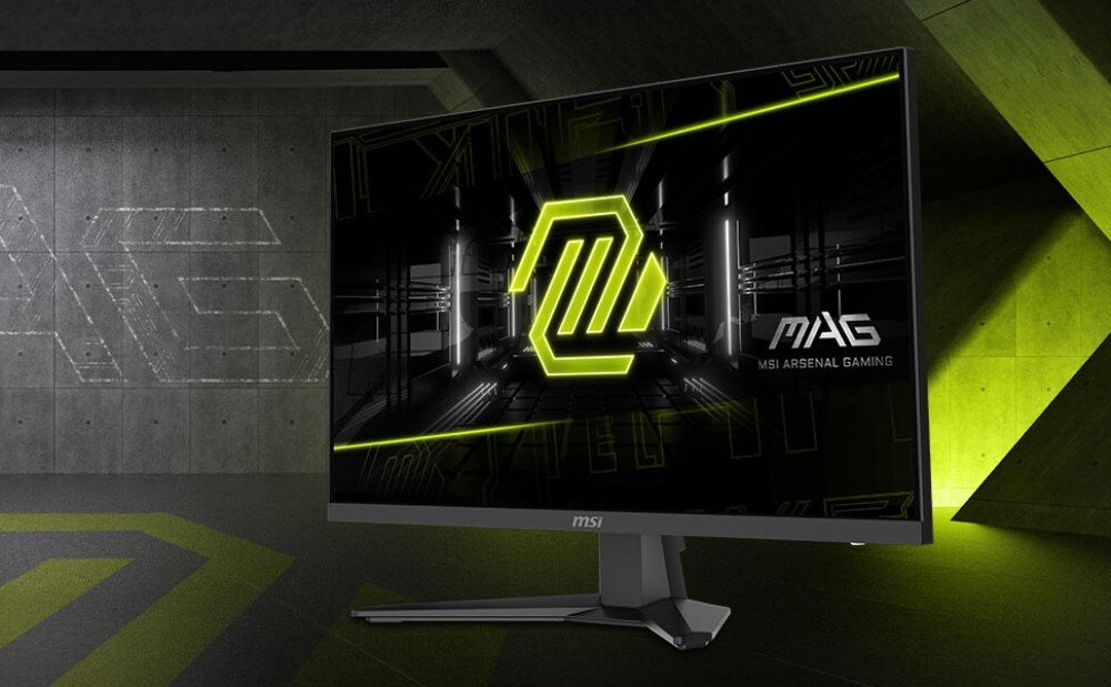 Monitor MSI Mag 274QF Monitor widoczny pod kątem z lewej strony, na ekranie wyświetlane jest logo serii z zielonymi elementami graficznymi