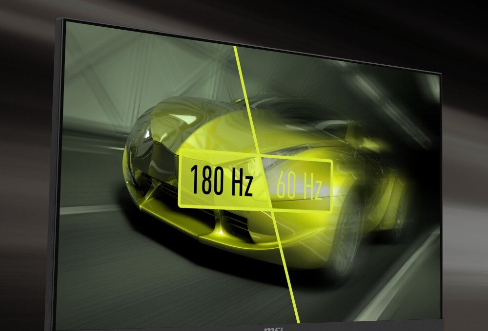 Monitor MSI Mag 274QF Grafika z samochodem wyścigowym, lewa część obrazu przy 180 Hz jest wyraźna, prawa przy 60 Hz jest rozmyta