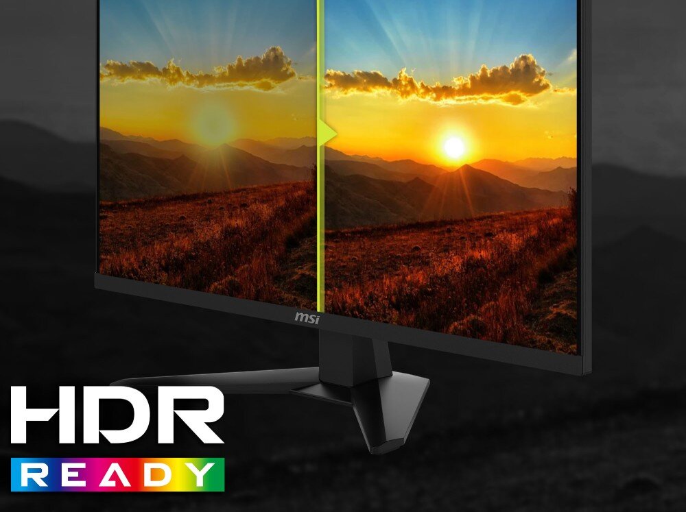 Monitor MSI Mag 274QF Krajobraz górski o zachodzie słońca, lewa część obrazu jest ciemniejsza, prawa bardziej nasycona i jasna z napisem HDR READY