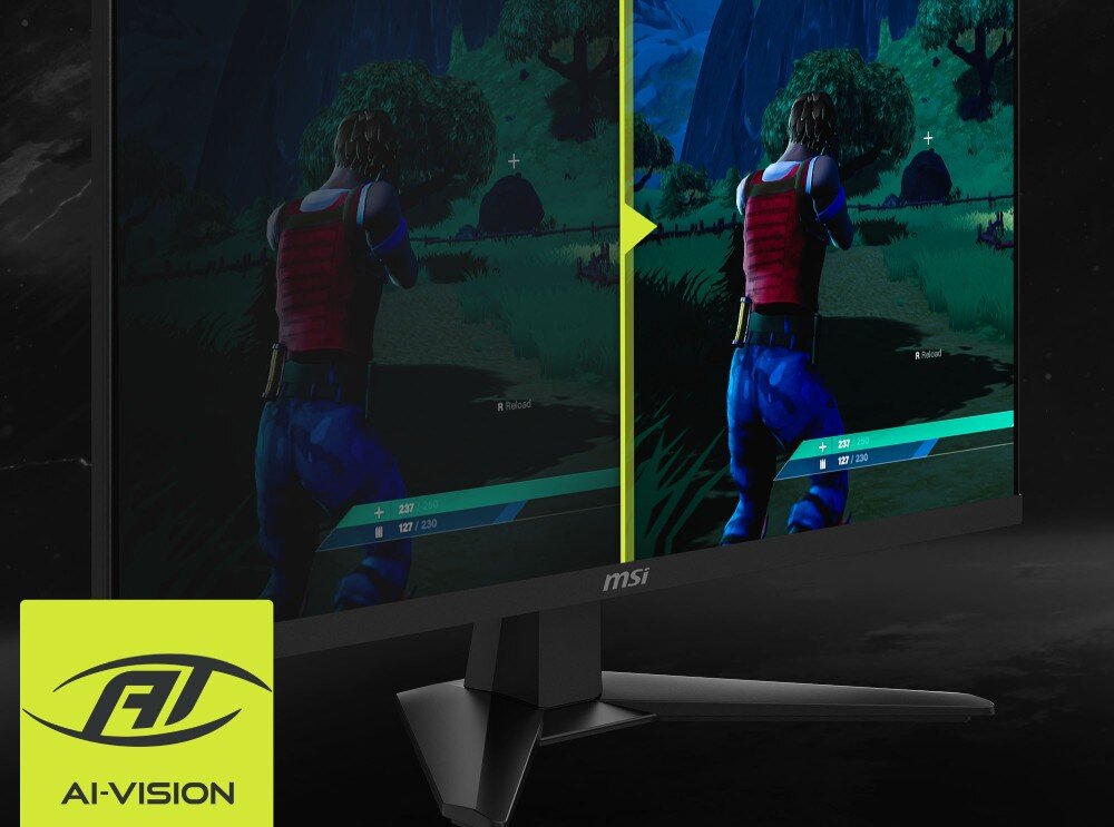 Monitor MSI Mag 274QF Scena z gry strzelanki na podzielonym ekranie, lewa strona jest ciemna, prawa rozjaśniona z widocznym logo AI-VISION