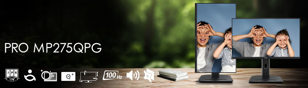 Monitor MSI Pro MP275QPG 27 cali 2560x1440px IPS 100Hz 1 ms [MPRT] monitora od przodu i tyłu na stole w tle las napis z modelem loga funkcji