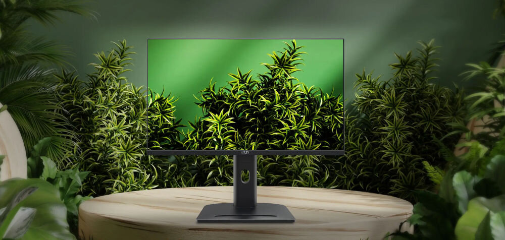 Monitor MSI Pro MP275QPG 27 cali 2560x1440px IPS 100Hz 1 ms [MPRT] pokazanie monitora wśród zielonych liści na stoliku zielona ściana Energy Star 8.0 tryb oszczędzania energii redukcja zużycia prądu dbanie o planetę