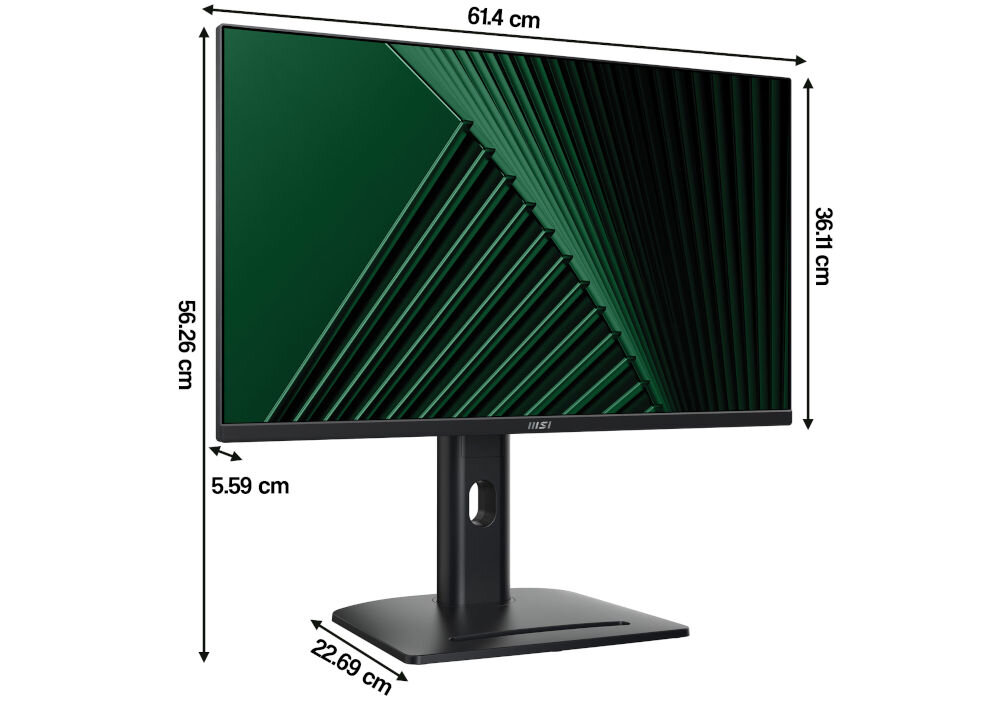 Monitor MSI Pro MP275QPG 27 cali 2560x1440px IPS 100Hz 1 ms [MPRT] monitora na białym tle z wymiarami elegancki design stabilność podstawa stabilność