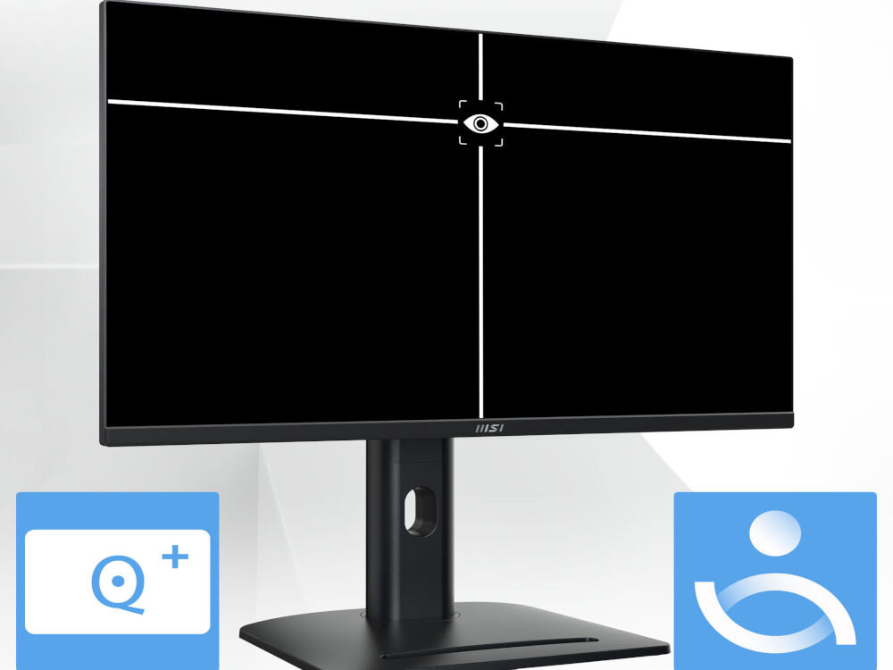 Monitor MSI Pro MP275QPG 27 cali 2560x1440px IPS 100Hz 1 ms [MPRT] prezentacja Eye-Q Check na jasnym tle astygmatyzm siatka Amslera korekcja postawy wykrycie nieprawidłowości redukcja ryzyka przemęczenia
