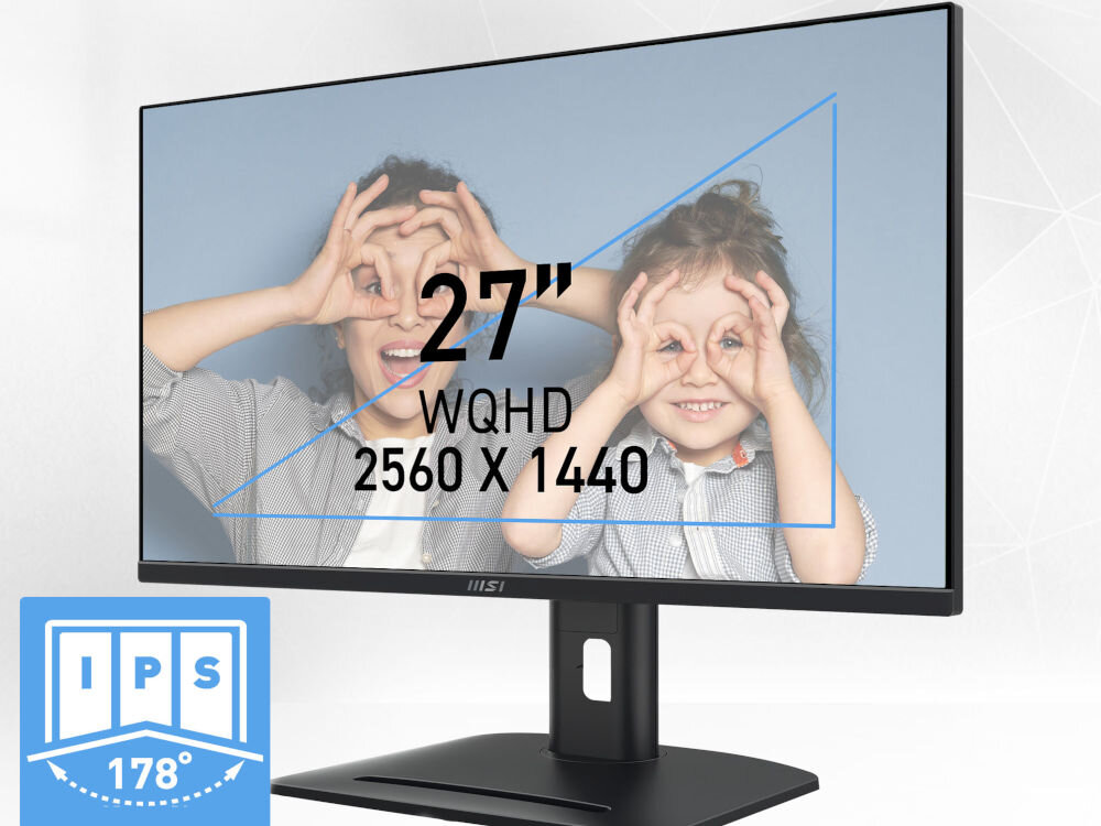 Monitor MSI Pro MP275QPG 27 cali 2560x1440px IPS 100Hz 1 ms [MPRT] monitora na białym tle od przodu rozmiar rozdzielczość WQHD 2560 x 1440 px IPS wygodna praca szerokie kąty widzenia 178° stała jakość obrazu odwzorowanie kolorów komfort podczas pracy