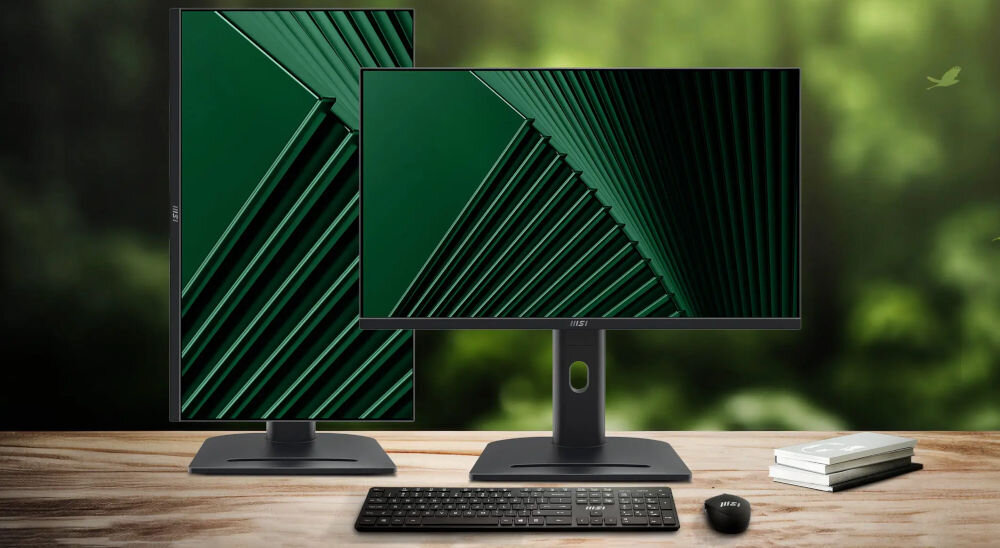 Monitor MSI Pro MP275QPG 27 cali 2560x1440px IPS 100Hz 1 ms [MPRT] monitora od przodu i od tyłu na stole w tle las współczynnik kontrastu 1300:1 głębia kolorów wyrazisty czytelny