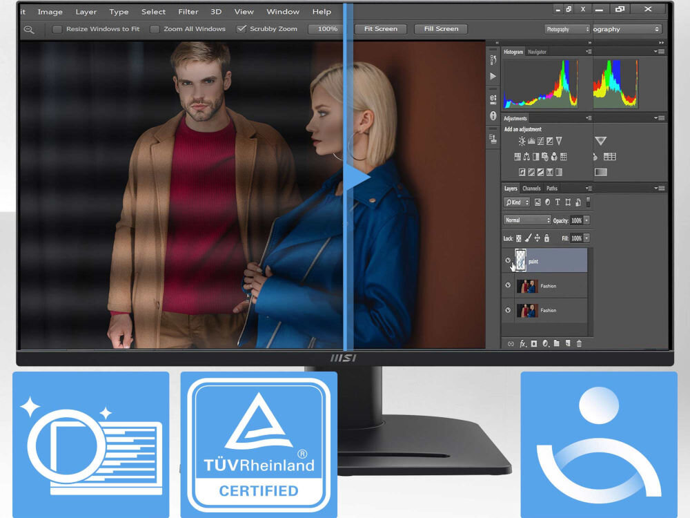 Monitor MSI Pro MP275QPG 27 cali 2560x1440px IPS 100Hz 1 ms [MPRT] porównanie monitora z technologiami chroniącymi wzrok i bez nich na jasnym tle ograniczenie zmęczenia oczu Less Blue Light redukcja światła niebieskiego Anti-flicker redukcja migotania powłoka antyodblaskowa ograniczenie emisji światła niebieskiego certyfikaty TÜV Rheinland