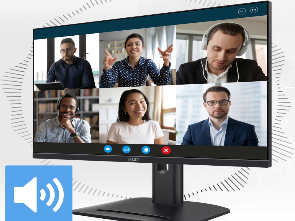 Monitor MSI Pro MP275QPG 27 cali 2560x1440px IPS 100Hz 1 ms [MPRT] wizualizacja działania głośników podczas wideokonferencji dwa głośniki 2W bez potrzeby podłączania dodatkowego sprzętu audio