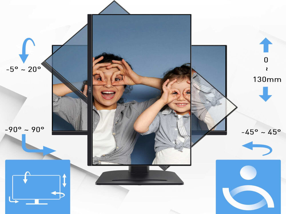 Monitor MSI Pro MP275QPG 27 cali 2560x1440px IPS 100Hz 1 ms [MPRT] możliwej regulacji monitora zakresy regulacji dostosowanie do różnych warunków pracy