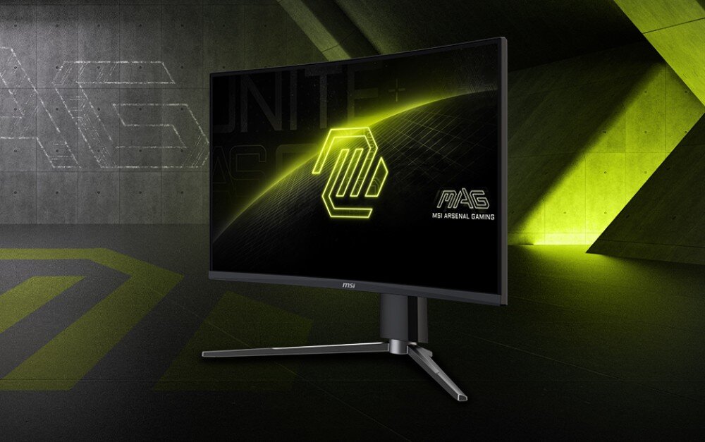 Monitor MSI MAG 276CPXF Monitor wyświetlający zielone neony z logo MSI MAG oraz napis 'MSI Arsenal Gaming' na tle geometrycznych wzorów