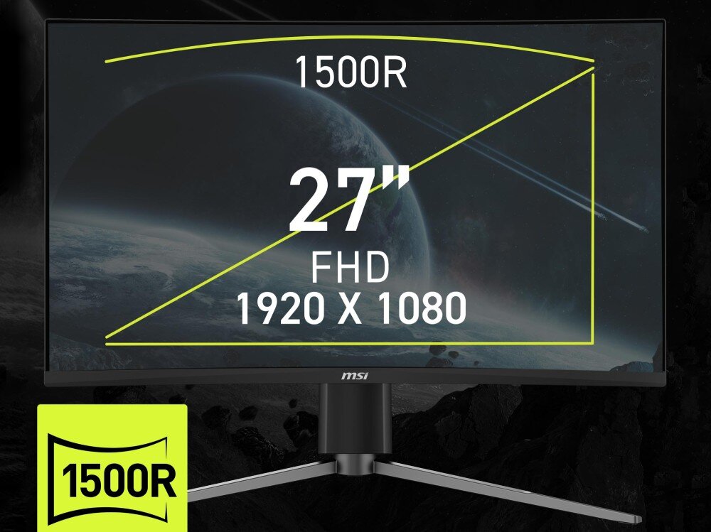 Monitor MSI MAG 276CPXF Monitor z przodu wyświetlający specyfikację: przekątna 27 cali, rozdzielczość FHD 1920 x 1080, krzywizna 1500R oraz ikonę krzywizny w lewym dolnym rogu