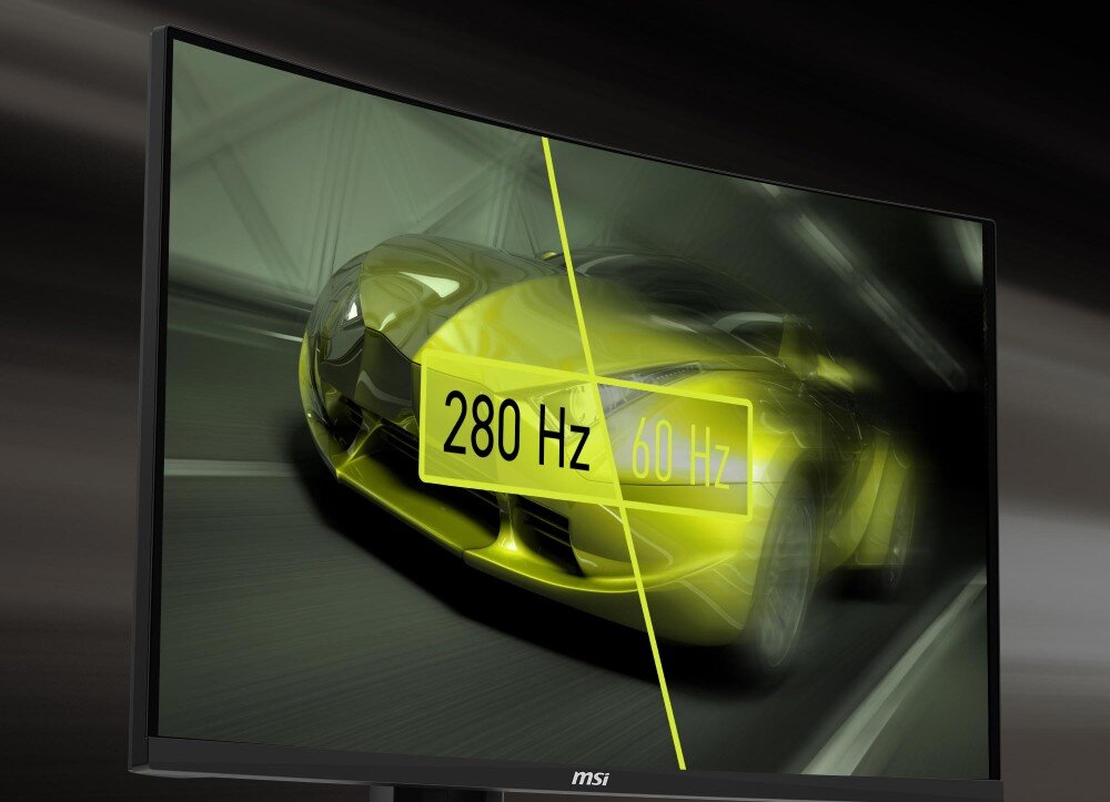 Monitor MSI MAG 276CPXF Porównanie częstotliwości odświeżania ekranu: rozmyty obraz samochodu przy 60 Hz po prawej i ostry przy 280 Hz po lewej