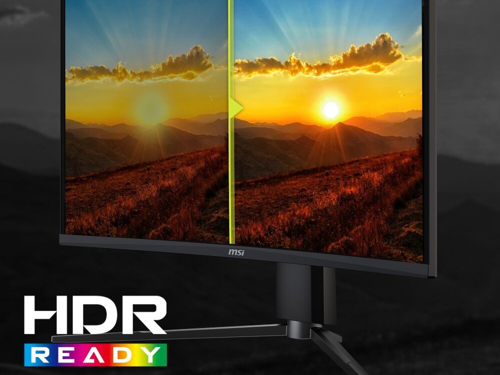 Monitor MSI MAG 276CPXF Porównanie sceny zachodu słońca: lewa strona z przyciemnionymi kolorami, prawa z jaśniejszymi i bardziej nasyconymi tonami oraz widocznym logotypem HDR Ready