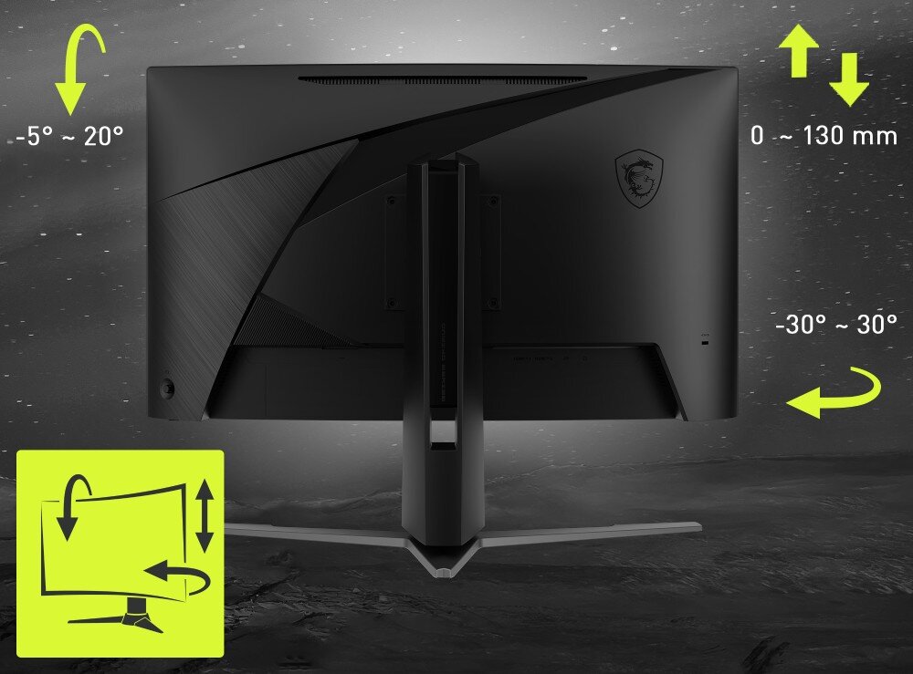 Monitor MSI MAG 276CPXF Widok monitora od tyłu z oznaczeniami regulacji: pochylenie od -5° do 20°, wysokość 0-130 mm, obrót od -30° do 30° oraz ikoną regulacji w lewym dolnym rogu