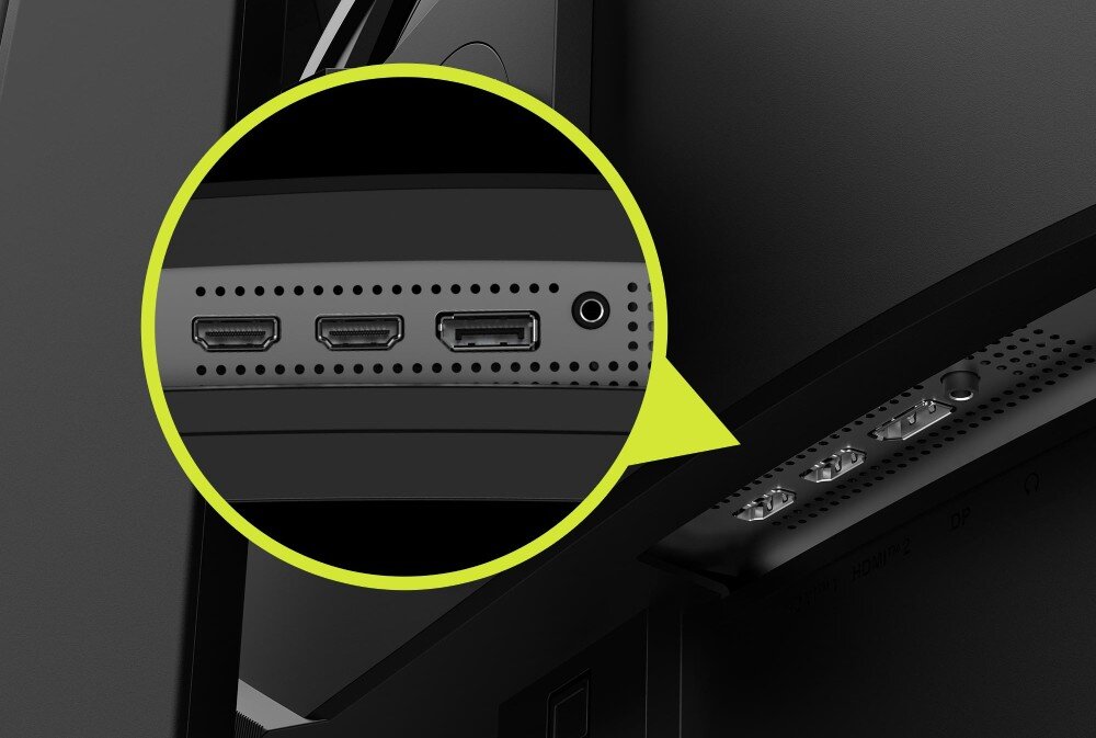 Monitor MSI MAG 276CPXF Zbliżenie na tylny panel monitora z widocznymi portami: dwa złącza HDMI, jedno DisplayPort oraz gniazdo słuchawkowe, podświetlone żółtym kołem