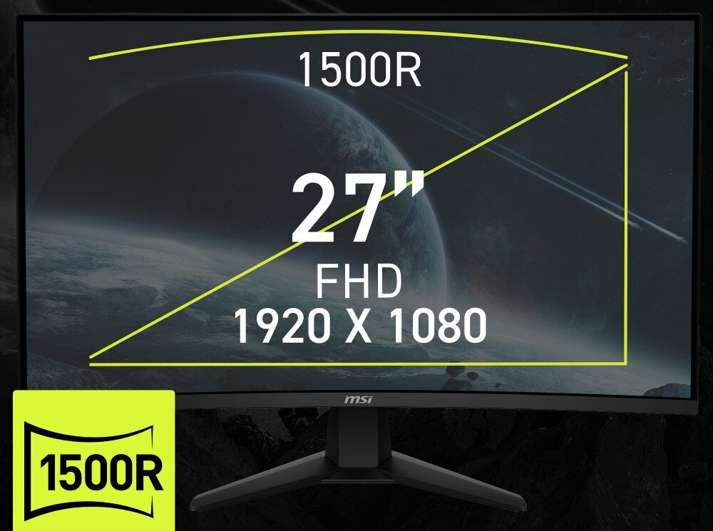 Monitor MSI Mag 276CXF Schemat przedstawiający zakrzywienie matrycy 1500R wraz z informacją o przekątnej 27 cali i rozdzielczości Full HD