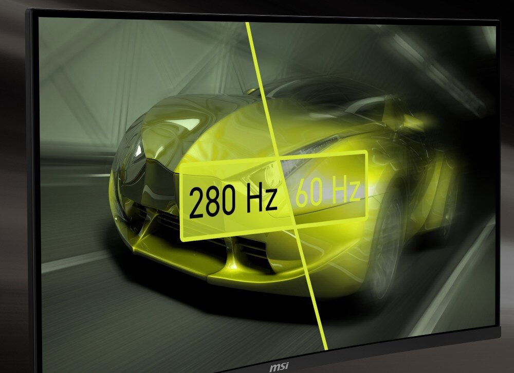 Monitor MSI Mag 276CXF Scena z gry wyścigowej podzielona na dwie części, gdzie lewa strona oznaczona 280 Hz jest wyraźna, a prawa 60 Hz rozmyta
