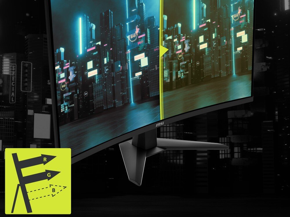 Monitor MSI Mag 276CXF Futurystyczne miasto na podzielonym ekranie, gdzie prawa strona wyróżnia się bardziej nasyconymi i żywymi barwami