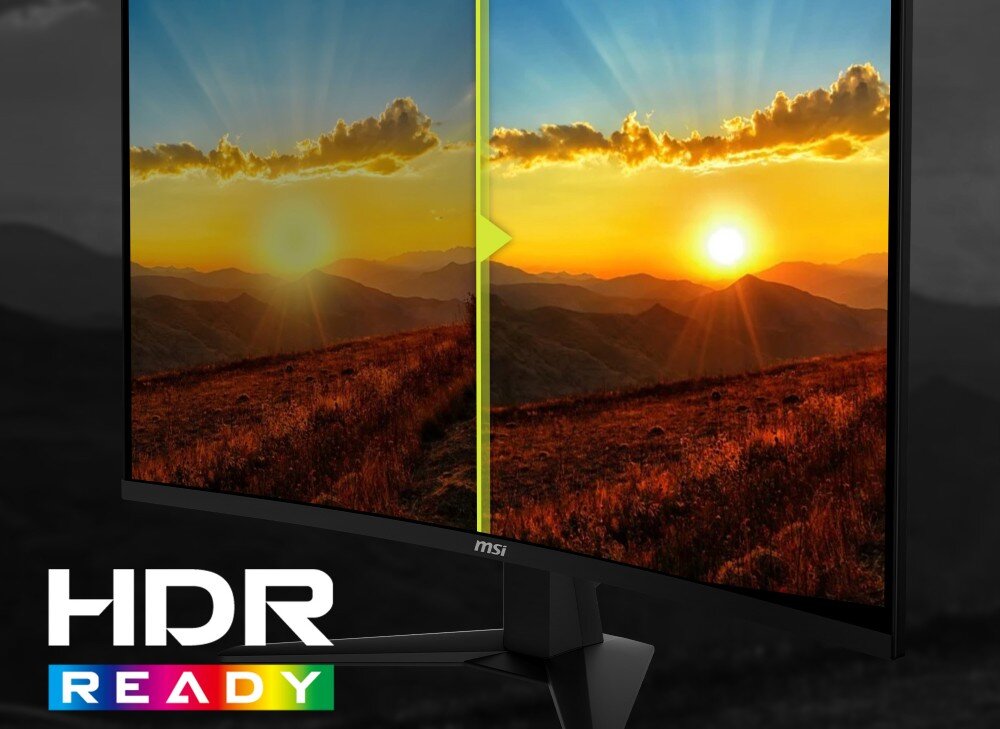 Monitor MSI Mag 276CXF Porównanie obrazu krajobrazu, gdzie prawa strona z włączonym trybem HDR prezentuje żywsze kolory i jaśniejsze słońce